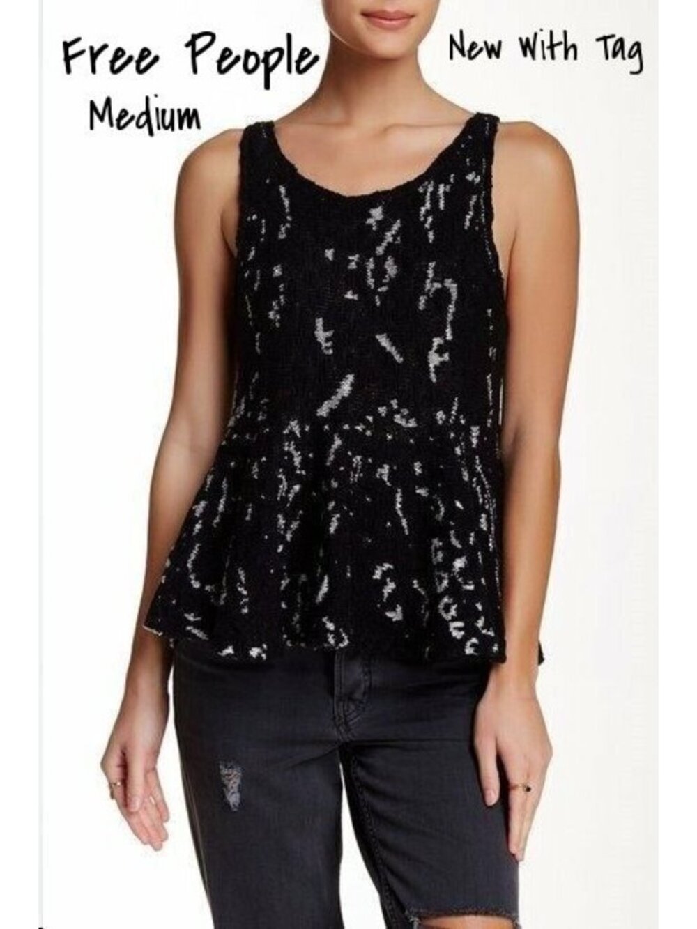 Free People Sweater Top Tank Peplum Flared Black Size Medium New With Tag